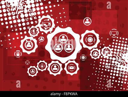 Red grunge hi-tech background with communication icons on gears. Vector design Stock Vector