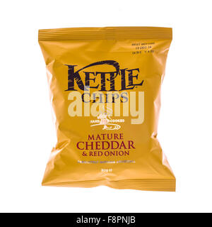 Bag Of Mature Cheddar and Red Onion Kettle Chips on a white background Stock Photo