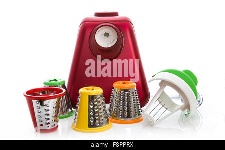 Red Food Processor with Attachments on a White Background Stock Photo