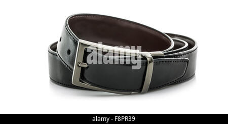 Black Leather Belt isolated on white background Stock Photo