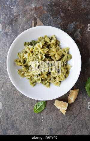 pasta with pesto top view Stock Photo