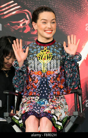 Tokyo, Japan. 11th Dec, 2015. Actress Daisy Ridley attends a press conference for the movie ''Star Wars: The Force Awakens'' in downtown Tokyo on December 11, 2015. Abrams said that in the new movie the planet Takodana's name is taken from Takadanobaba district in Tokyo, as a memorial to his first time in Japan. The movie is set for worldwide release on December 18th and opens across Japan simultaneously at 18:30 on that day. Credit:  Rodrigo Reyes Marin/AFLO/Alamy Live News Stock Photo