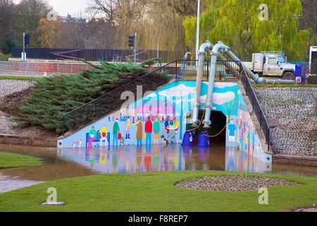 Carlisle Floods. December 2015. Pumping flood water out of Hardwick Circus underpass. Storm Desmond caused severe flooding in Carlisle and across Cumbria. Carlisle, Cumbria, England, UK. Stock Photo