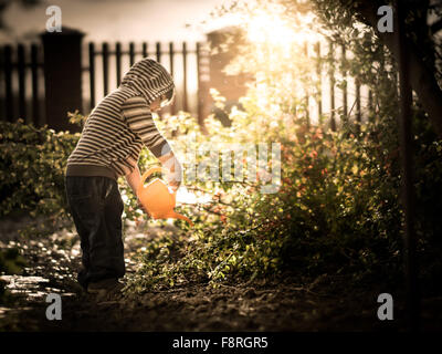 Boy watering plants in a garden Stock Photo