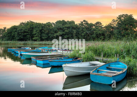 A line of rowing boats moored at an old wooden jetty at Filby Bridge on the Norfolk Broads Stock Photo