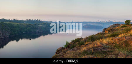 Beautiful panoramic landscape from the dawn over the river Stock Photo