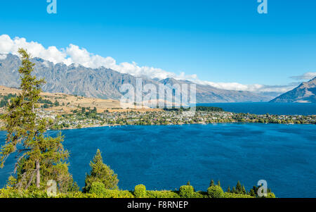 View from Queenstown toward Lake Wakatipu and the Remarkables in Central Otago, South Island, New Zealand Stock Photo