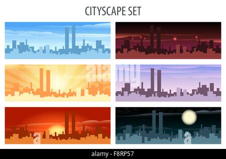 Abstract city scape scene set. Daylight, twilight, midnight, evening, sunset and sunrise view. Stock Vector