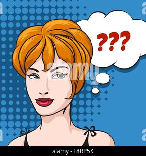 Doubt Woman and speech bubble with question mark. Illustration in comic style. Stock Vector