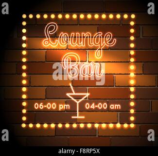 Neon sign of Lounge Bar on the brick wall. Free font used. Stock Vector