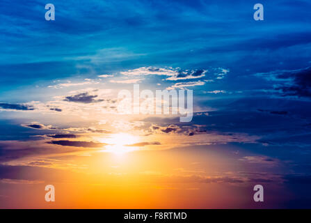 Sun, sunset, sunrise. Colorful toned instant photo. Stock Photo