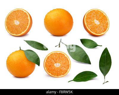 Set of whole and halved oranges with  leaves. Infinite depth of field, separate clipping paths for objects and shadows Stock Photo