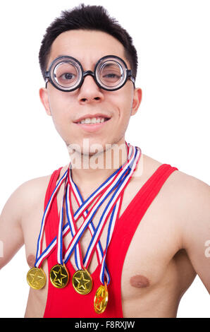 Funny wrestler with winners gold medal Stock Photo