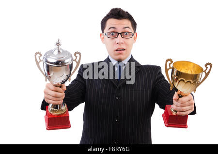 Funny guy receiving award on white Stock Photo