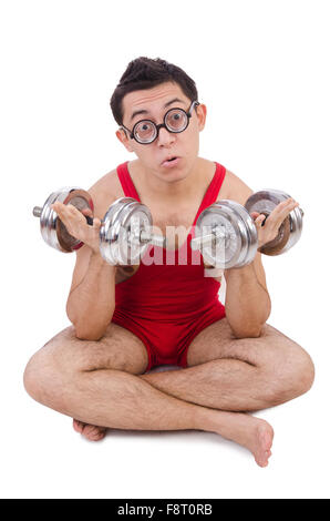 Funny guy exercising with dumbbells on white Stock Photo
