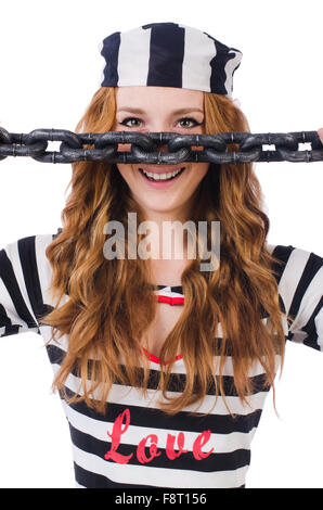 Prisoner in striped uniform on white Stock Photo