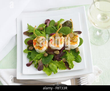 Cheese and capers sweet and sour sauce and pistachios in green leaves Stock Photo