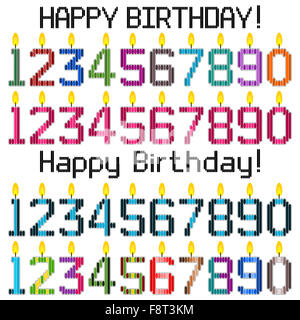 Happy birthday greeting with four number candle sets. The sets are in pink, blue and two multi color variants. Stock Photo