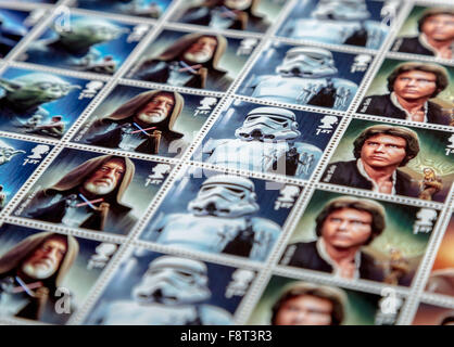 London, UK. 10th November, 2015. Star Wars: The Force Awakens character stamps in limited edition sale issued by Royal Mail Credit:  Guy Corbishley/Alamy Live News Stock Photo
