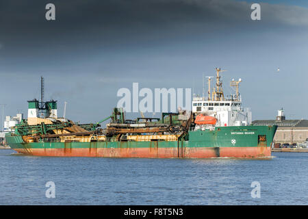 The suction dredger, Britannia Beaver steams downriver on the River Thames. Stock Photo