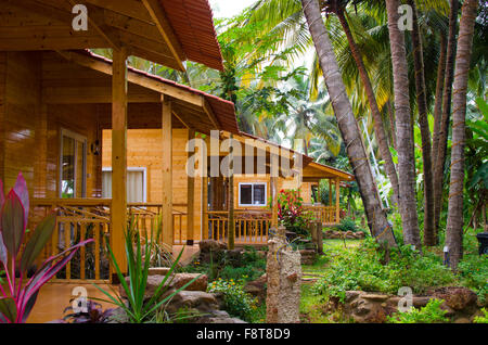 houses wooden in a palm grove, in India, lodges, wooden, palm trees, a grove, at home, buildings Stock Photo