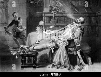 Sir Walter Raleigh smoking tobacco from a Pipe in England Stock Photo