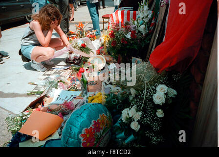 Visitors pay their respects to Frank Sinatra who passed a way on May 14, 1998 after suffering a heart attack.  Residents constructed a shrine on the site in Hoboken where the house that Sinatra grew up in once stood.  December 12, 2015 would be Sinatra's 100th birthday. Stock Photo