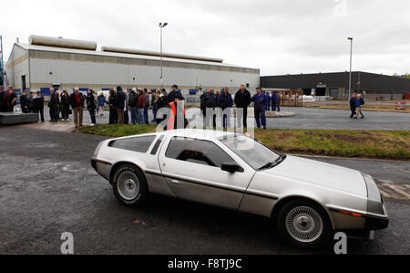 DeLorean cars return to the original Dunmurry Factory in Belfast where they were built. Stock Photo