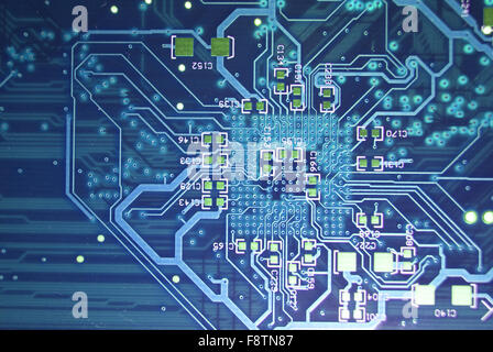Printed circuit board blue electronic background Stock Photo