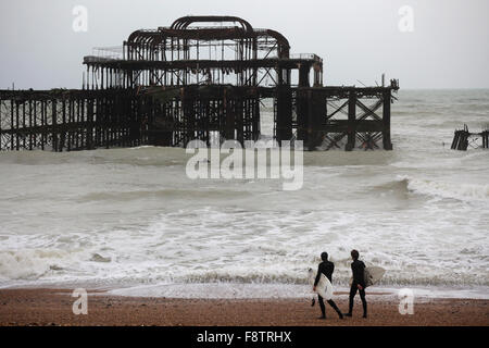 Brighton old west pier with flying starlings. UK, England. Stock Photo