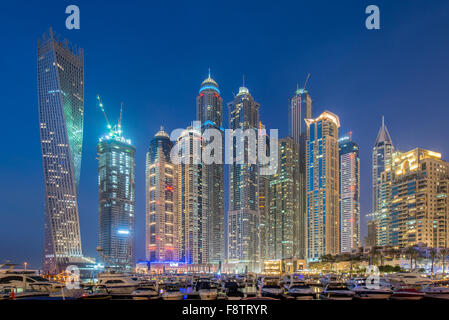 Dubai marina skyscrapers during night hours Stock Photo