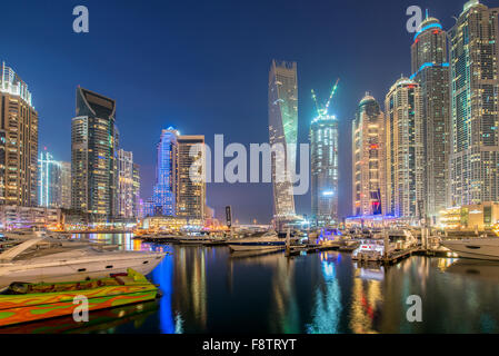 Dubai marina skyscrapers during night hours Stock Photo