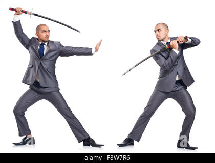 Two men figthing with the sword isolated on white Stock Photo