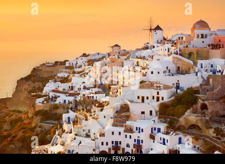 Santorini Island - aerial view of Oia Town at sunset time, Greece Stock Photo