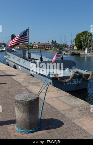 LCVP 'PA 30-4' landing craft docked in the marina for the D-Day WW2 Anniversary celebrations in Carentan, Normandy France Stock Photo