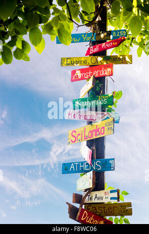 Funny directions signpost with distance to many different countries, cities and places Stock Photo