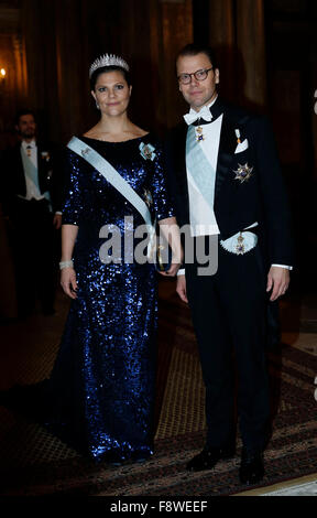 Stockholm, Sweden. 11th Dec, 2015. Sweden's Crown Princess Victoria and her husband Prince Daniel attend the royal banquet for Nobel laureates at Royal Palace in Stockholm, Sweden, Dec. 11, 2015. Credit:  Ye Pingfan/Xinhua/Alamy Live News Stock Photo