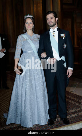 Stockholm, Sweden. 11th Dec, 2015. Sweden's Prince Carl Philip and his wife Princess Sofia attend the royal banquet for Nobel laureates at Royal Palace in Stockholm, Sweden, Dec. 11, 2015. Credit:  Ye Pingfan/Xinhua/Alamy Live News Stock Photo