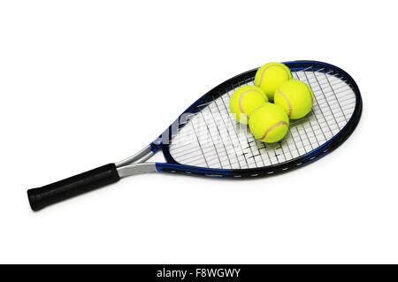 Tennis rackets and four  balls isolated on white Stock Photo