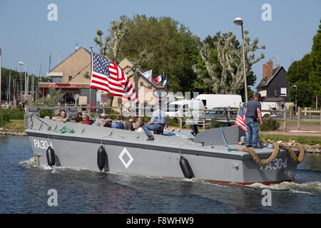 LCVP 'PA 30-4' landing craft docked in the marina for the D-Day WW2 Anniversary celebrations in Carentan, Normandy France Stock Photo