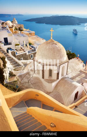 Santorini Island - Thira (capital city) - greek white church overlooking the Aegean Sea, Greece Stock Photo