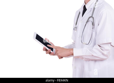 Doctor working on a digital tablet isolated on white background Stock Photo