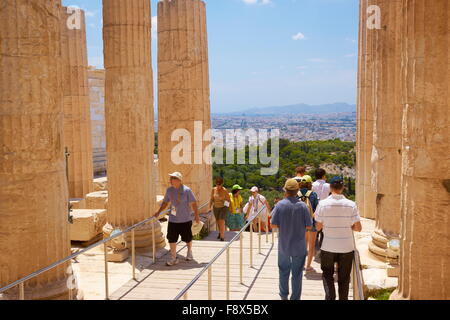 Athens - Acropolis, tourists in the passage through the Propylaea, Greece Stock Photo