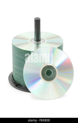 Spindle of cd disks isolated on white Stock Photo