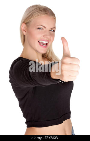 Portrait of attractive young female student showing a thumbs up on white background Stock Photo