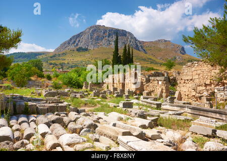 Ruins of the ancient city of Corinth, view of the Acrocorinth, Greece Stock Photo