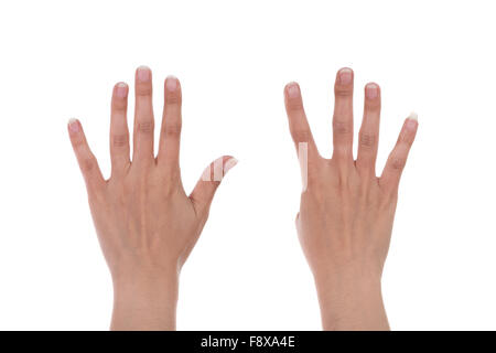 hands show the number nine isolated on white background Stock Photo