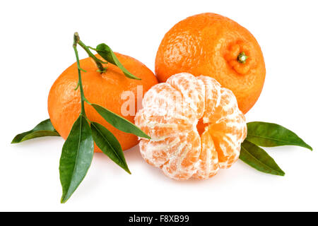 Fresh Tangerines Green Leafs Isolated On White Stock Photo