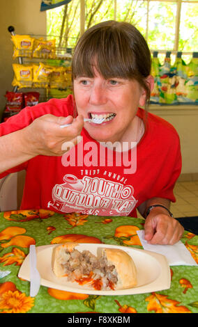 Eating pasty, Butte, Montana Stock Photo