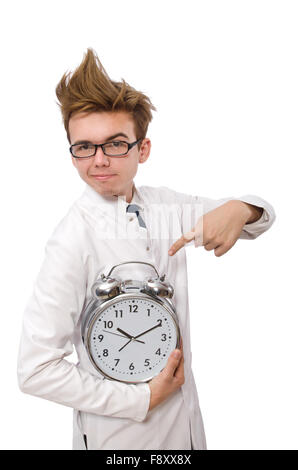 Funny doctor with alarm clock isolated on white Stock Photo